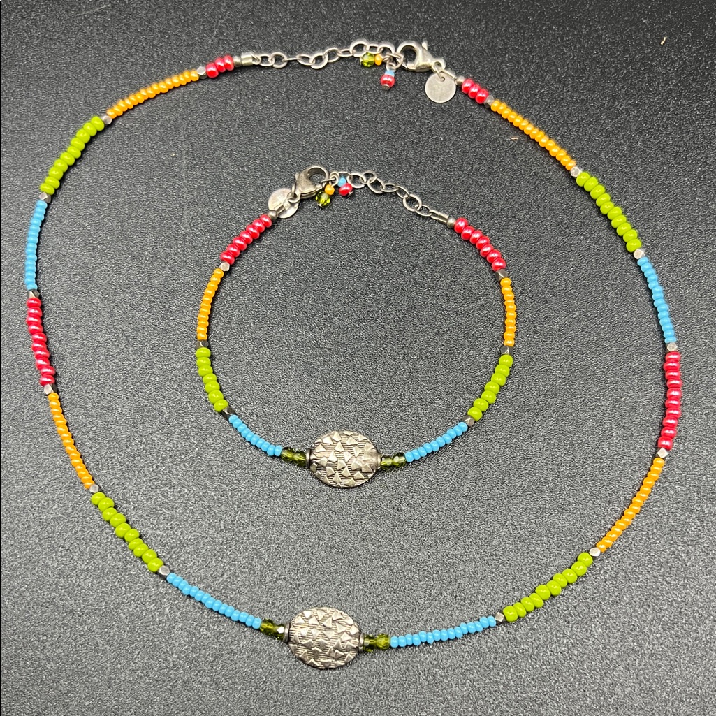 Vintage Emily Ray Beaded 925 Silver Necklace And Bracelet Set